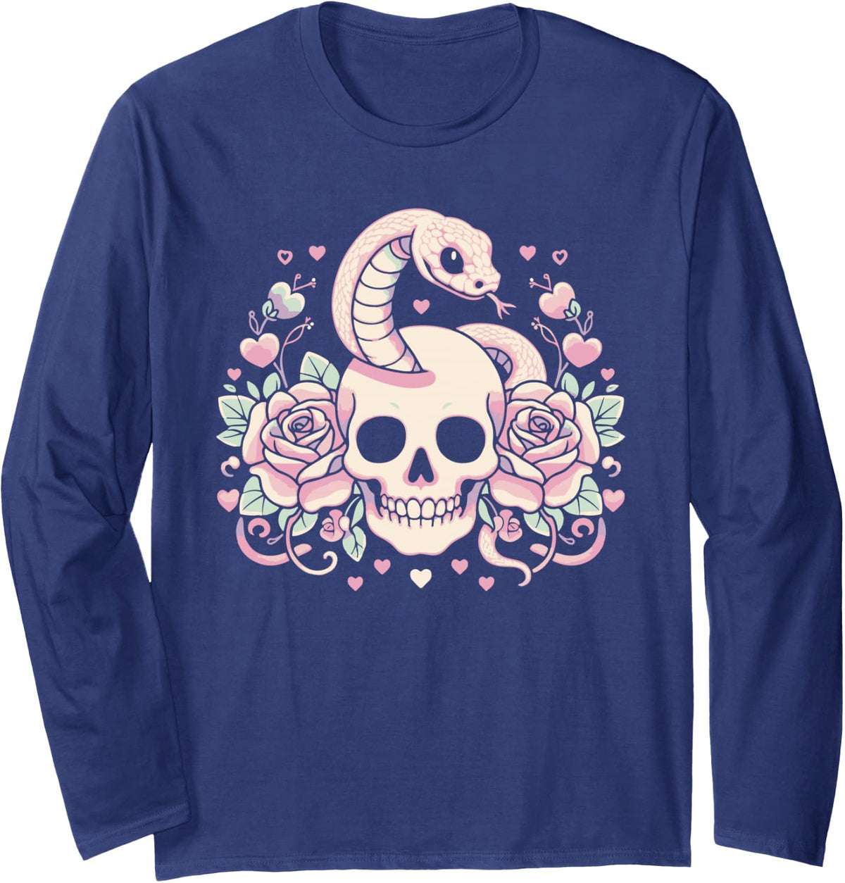 Pastel Goth Skull and Snake Emo Punk Gothic Long Sleeve T-Shirt - Adult Unisex Navy Blue