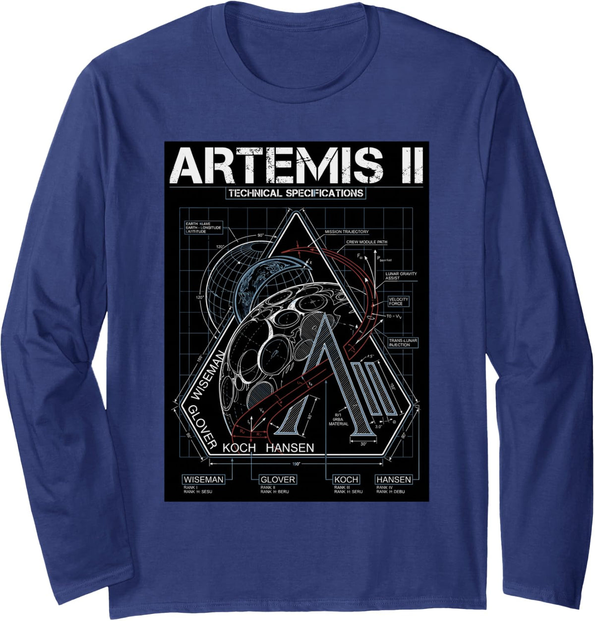 Artemis II Technical Specifications Moon Mission Blueprint Long Sleeve T-Shirt - Adult Unisex Navy Blue