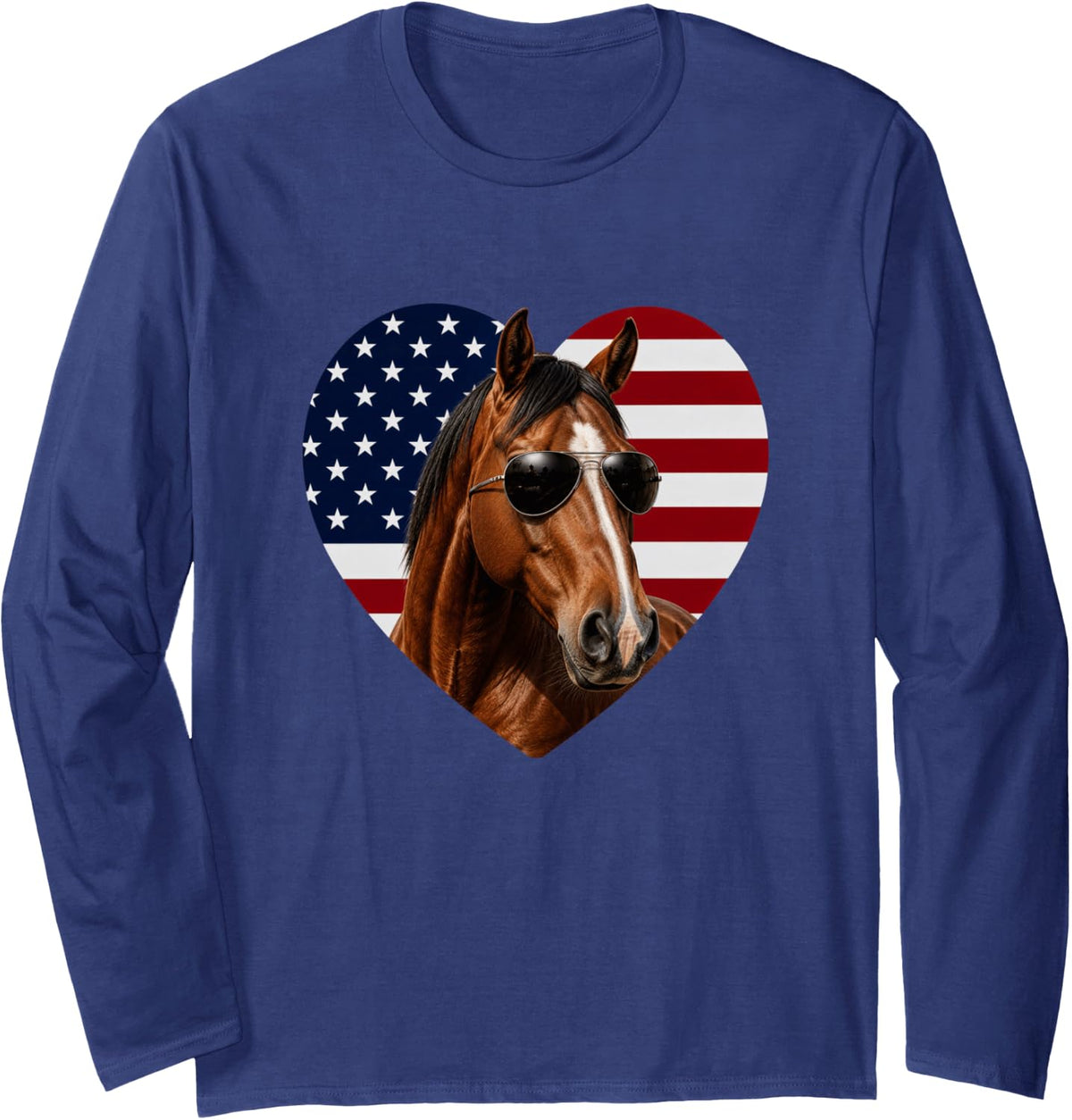 Chestnut Horse USA Flag Heart Patriotic Horse Long Sleeve T-Shirt - Adult Unisex Navy Blue