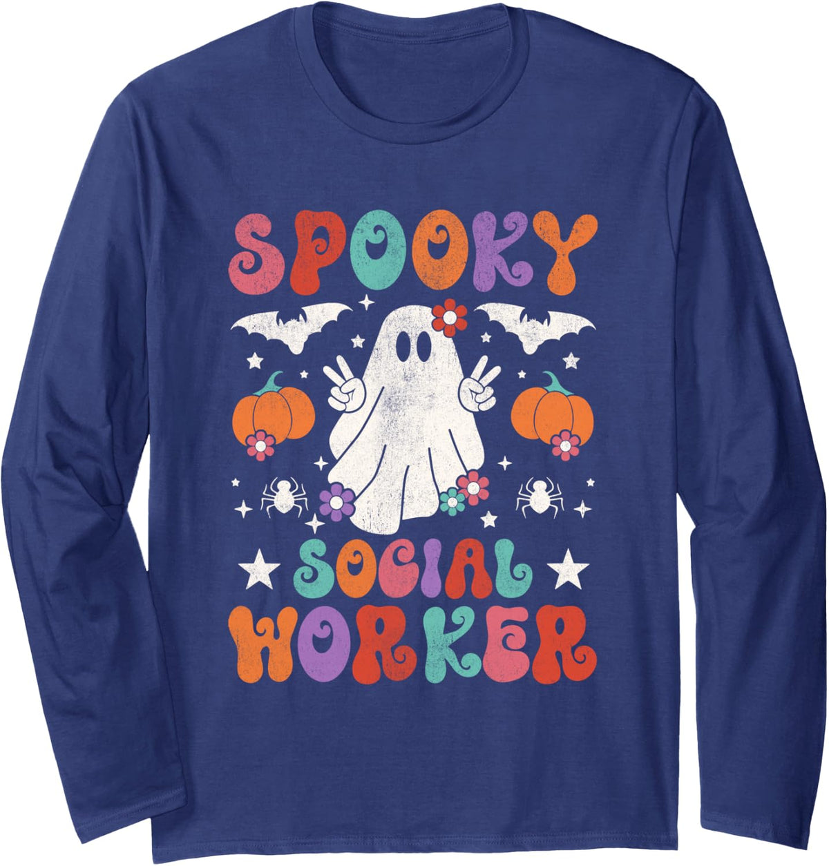 Spooky Social Worker Halloween Ghost Long Sleeve T-Shirt - Adult Unisex Navy Blue