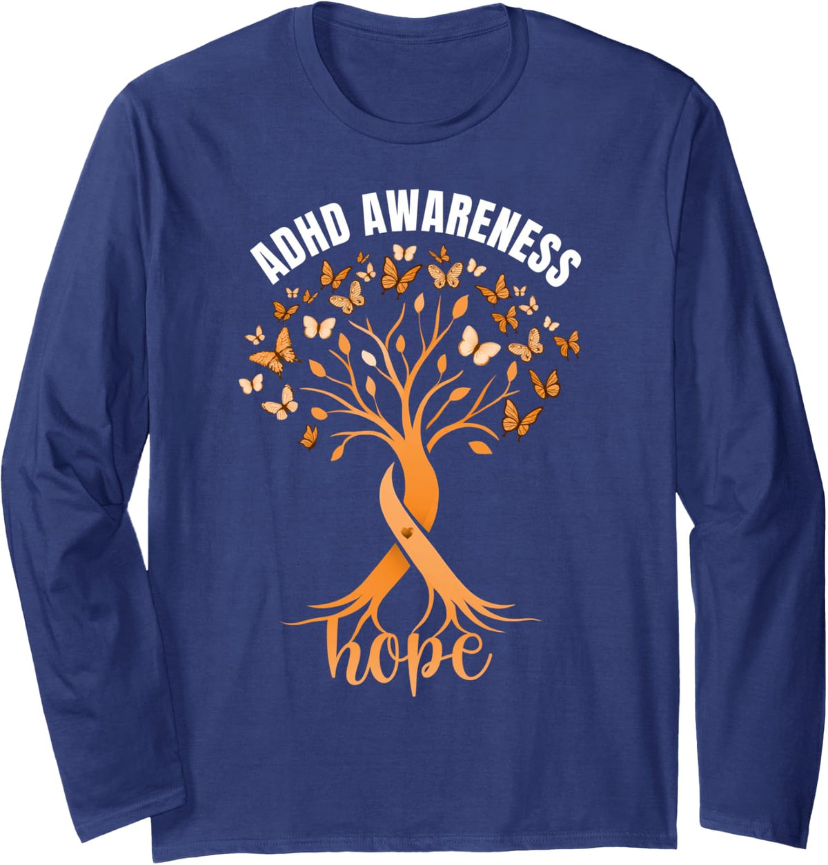 ADHD Awareness Hope Butterfly Brain Neurodiversity Pride Long Sleeve T-Shirt - Adult Unisex Navy Blue