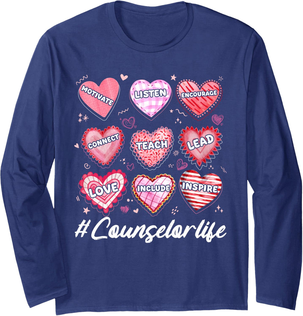 School Counseling Counselor Life Hearts School Valentine Long Sleeve T-Shirt - Adult Unisex Navy Blue