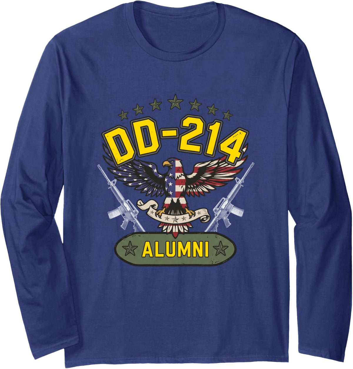 DD-214 Alumni in Black US Military Veteran Retired DD-214 Long Sleeve T-Shirt - Adult Unisex Navy Blue