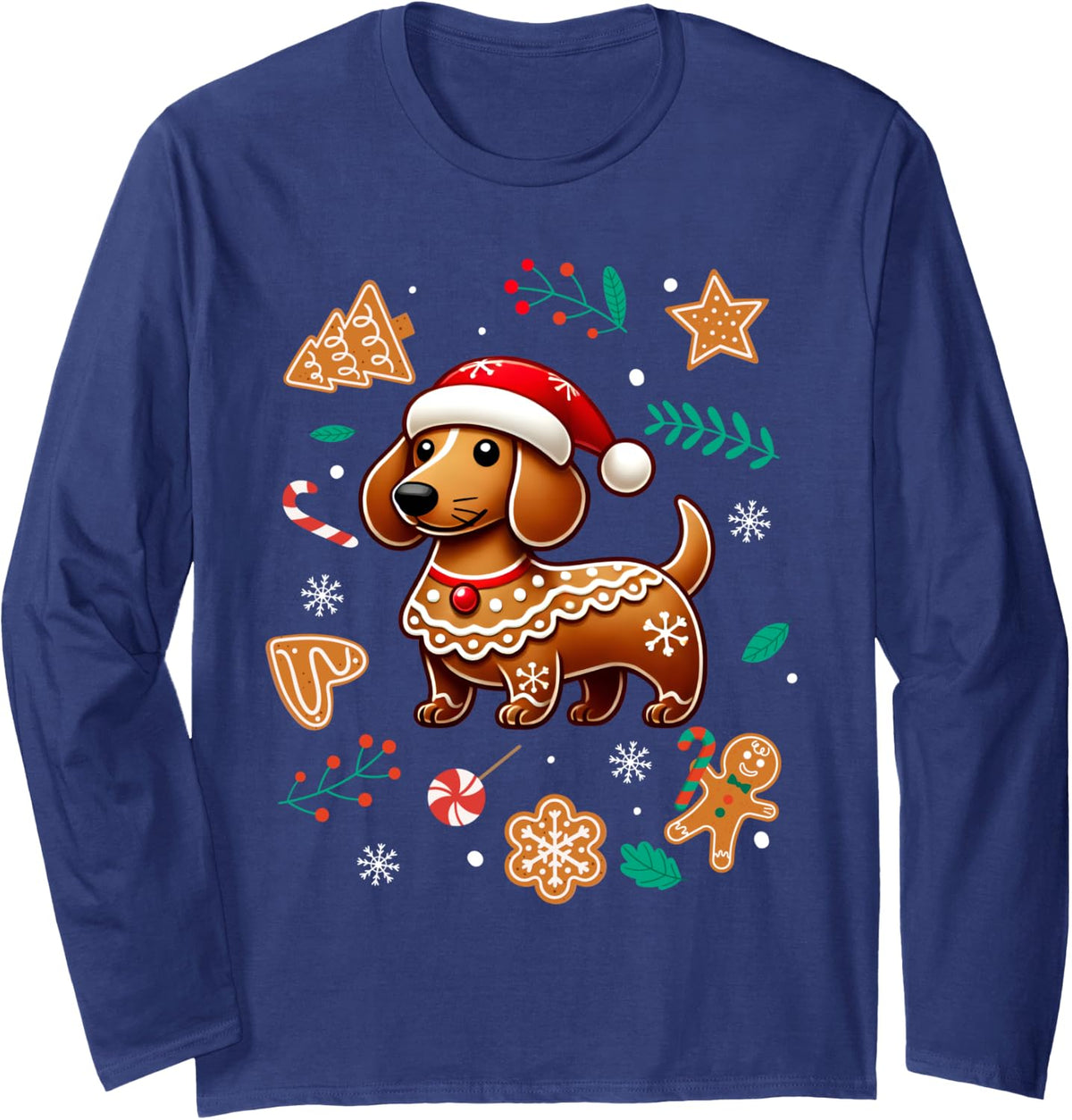 Gingerbread Weiner Dog Lover Dachshund Christmas Cookie Long Sleeve T-Shirt - Adult Unisex Navy Blue