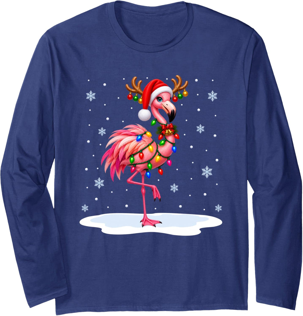 Flamingo Christmas Tree Lights Xmas Bird Lover Long Sleeve T-Shirt - Adult Unisex Navy Blue