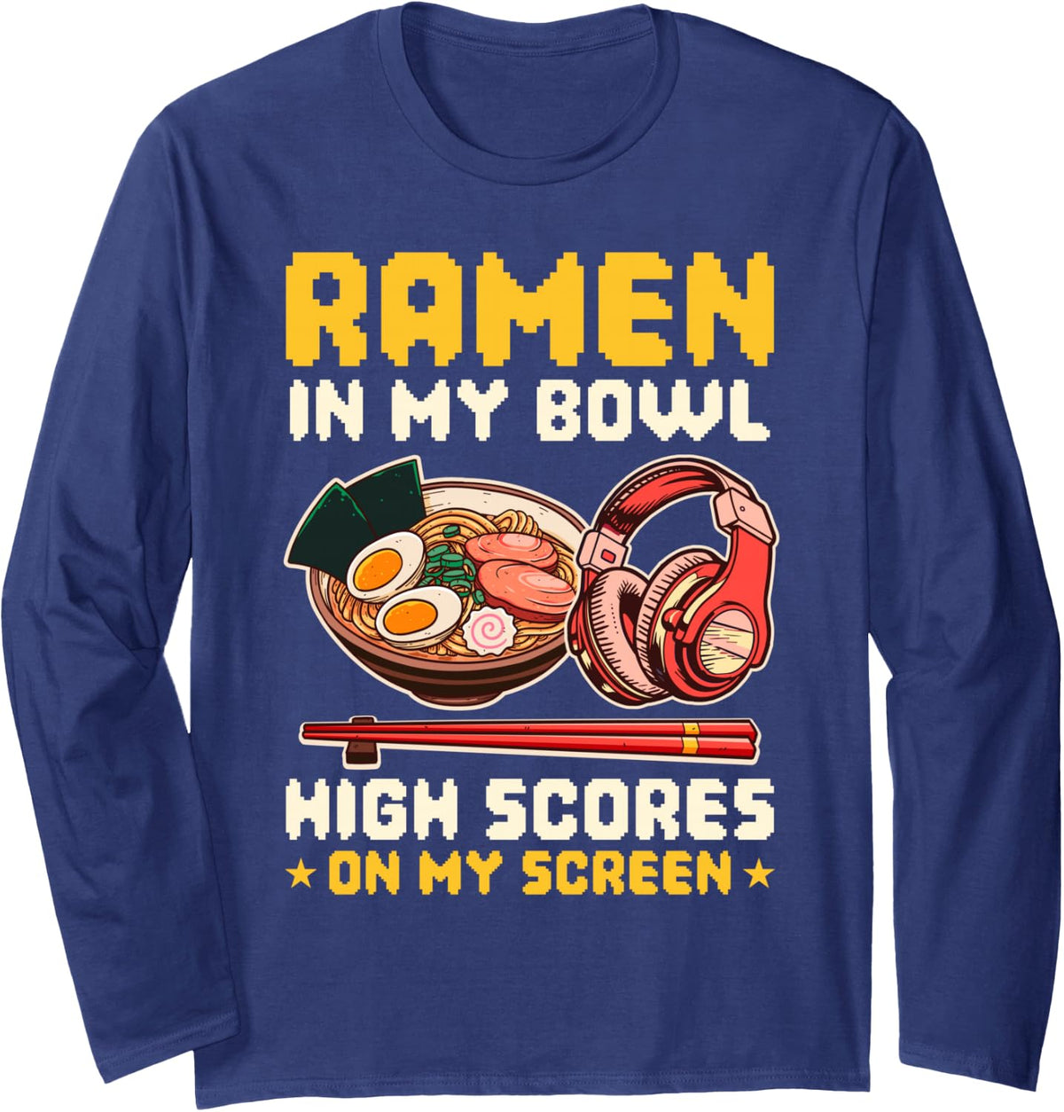 Videogames Eating Ramen Gamer Anime Long Sleeve T-Shirt - Adult Unisex Navy Blue