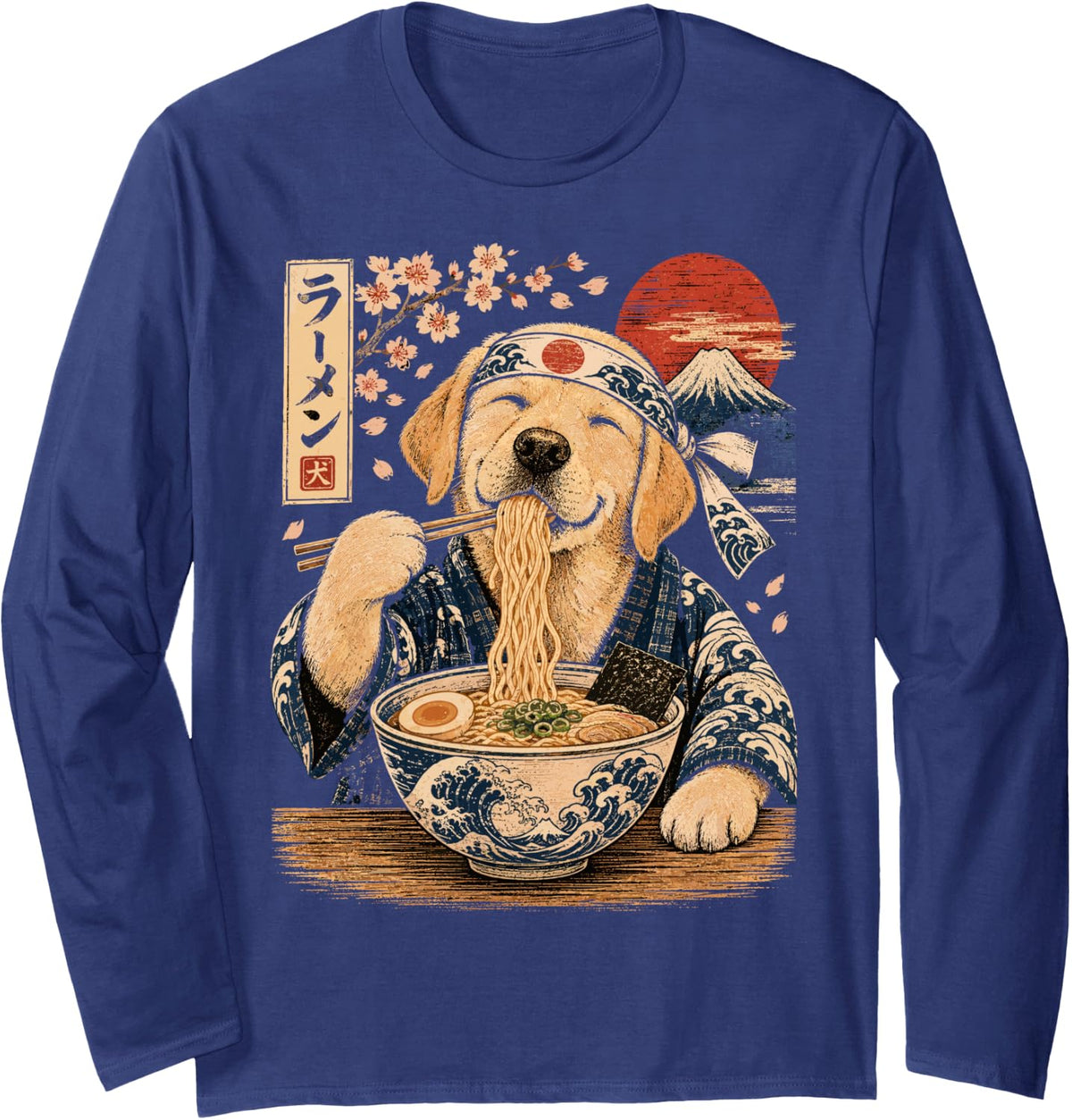 Labrador Dog Eating Ramen Japanese Labrador Long Sleeve T-Shirt - Adult Unisex Navy Blue
