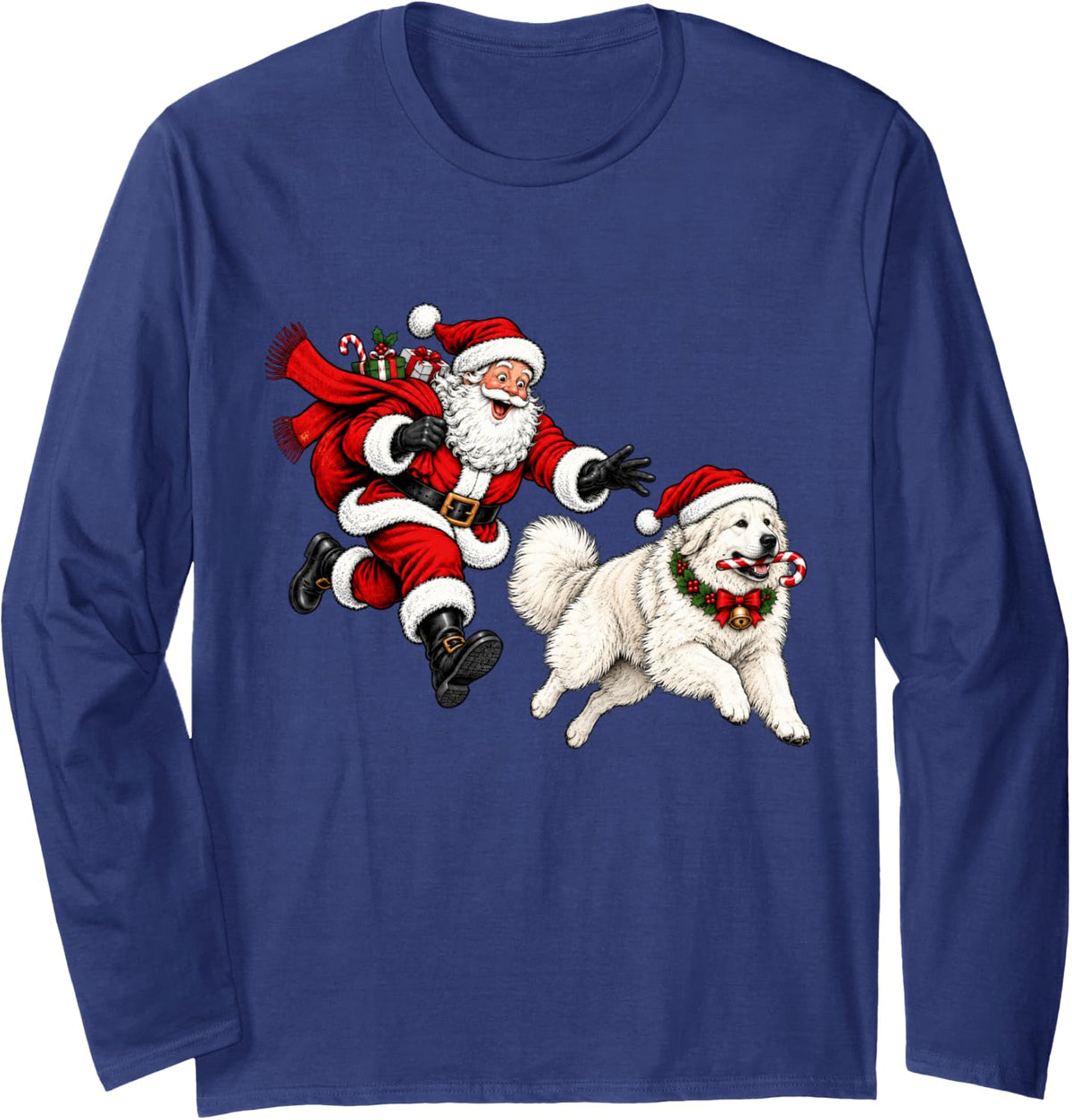 Funny Santa Chasing Great Pyrenees Christmas Dog Mom Pet Long Sleeve T-Shirt - Adult Unisex Navy Blue