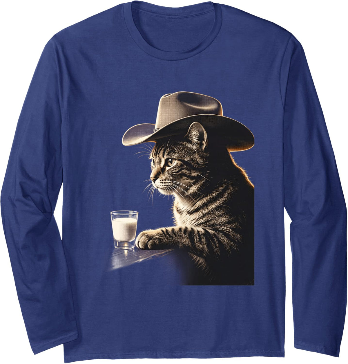 Funny Cowboy Cat Western Tabby with Milk At Bar Long Sleeve T-Shirt - Adult Unisex Navy Blue