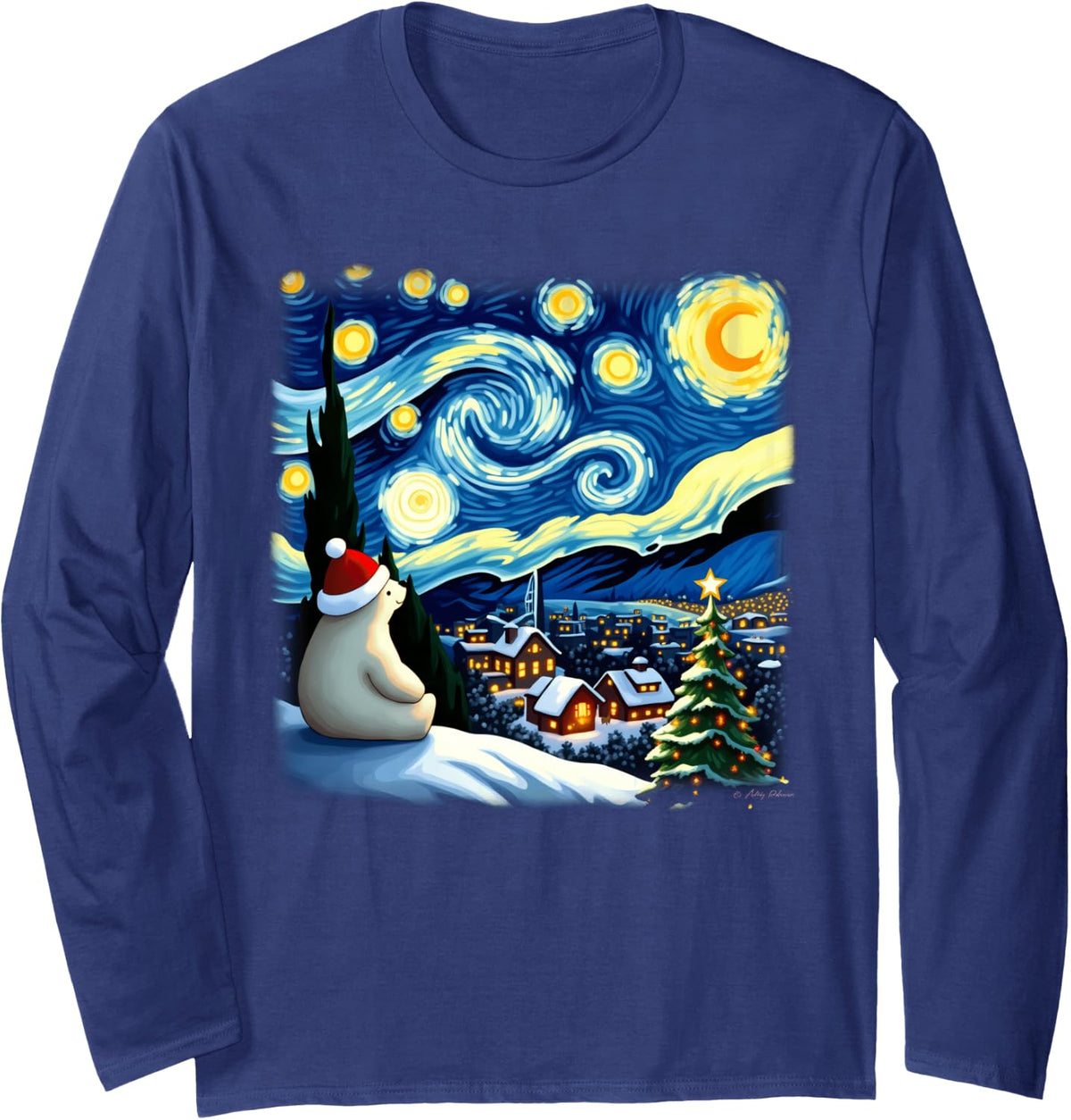 Christmas Polar Bear Starry Night Long Sleeve T-Shirt - Adult Unisex Navy Blue