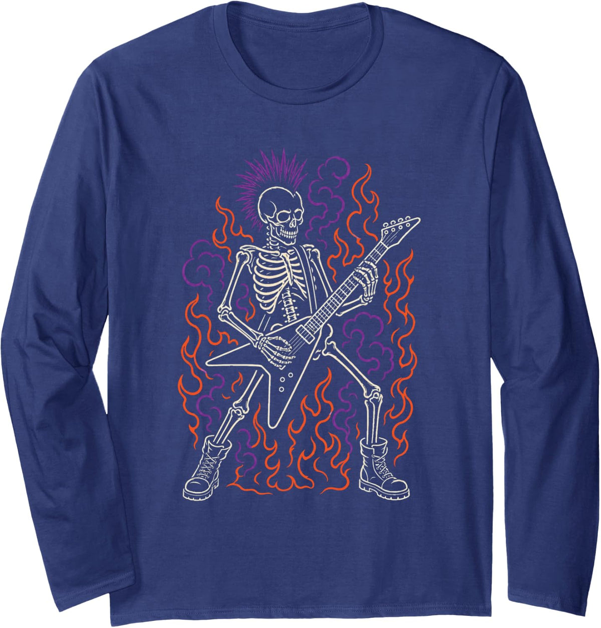 Halloween Punk Skeleton Mohawk Guitar Flames Line Art Long Sleeve T-Shirt - Adult Unisex Navy Blue