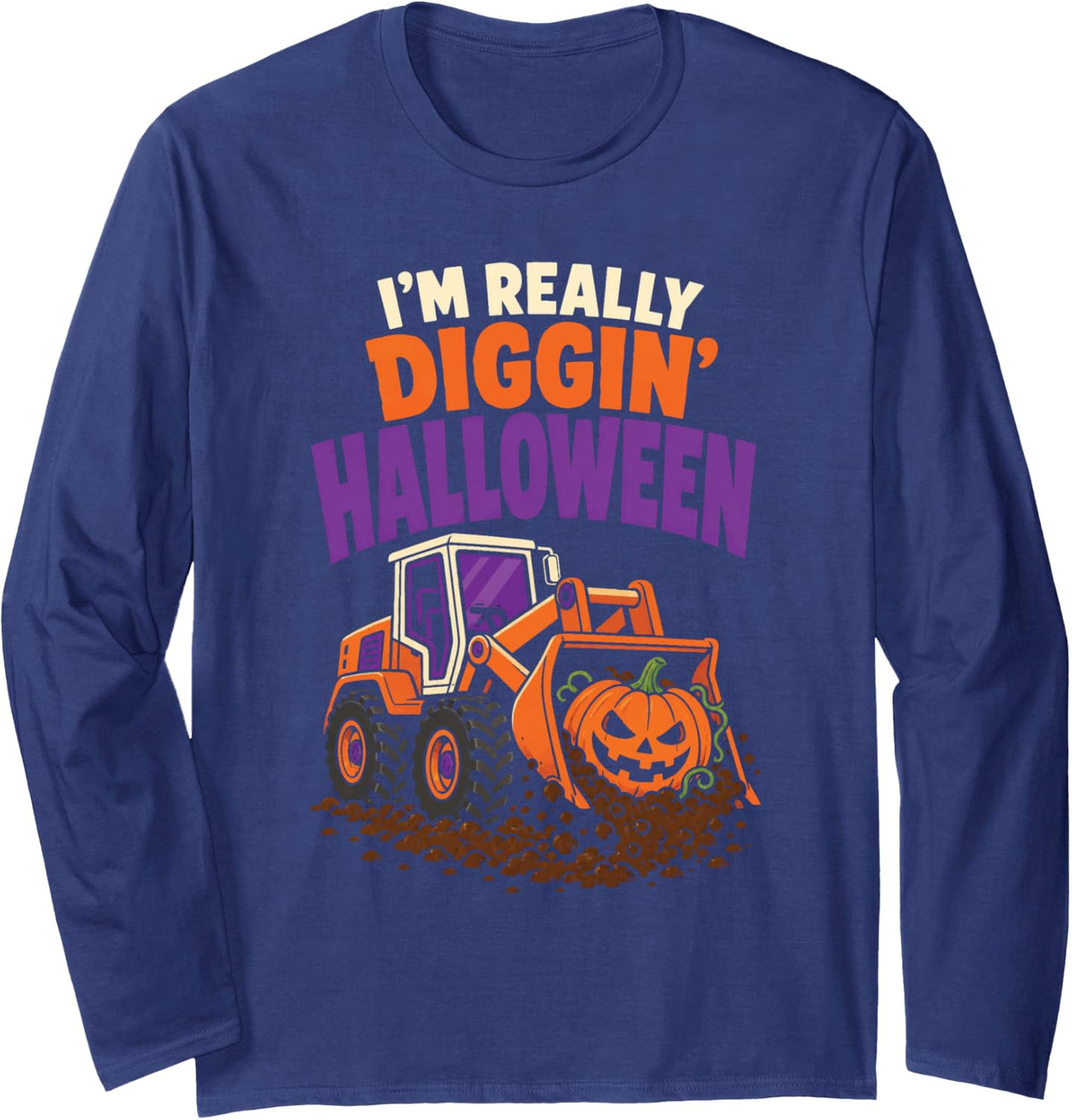 Halloween Construction Truck Digging Front Loader Pumpkin Long Sleeve T-Shirt - Adult Unisex Navy Blue