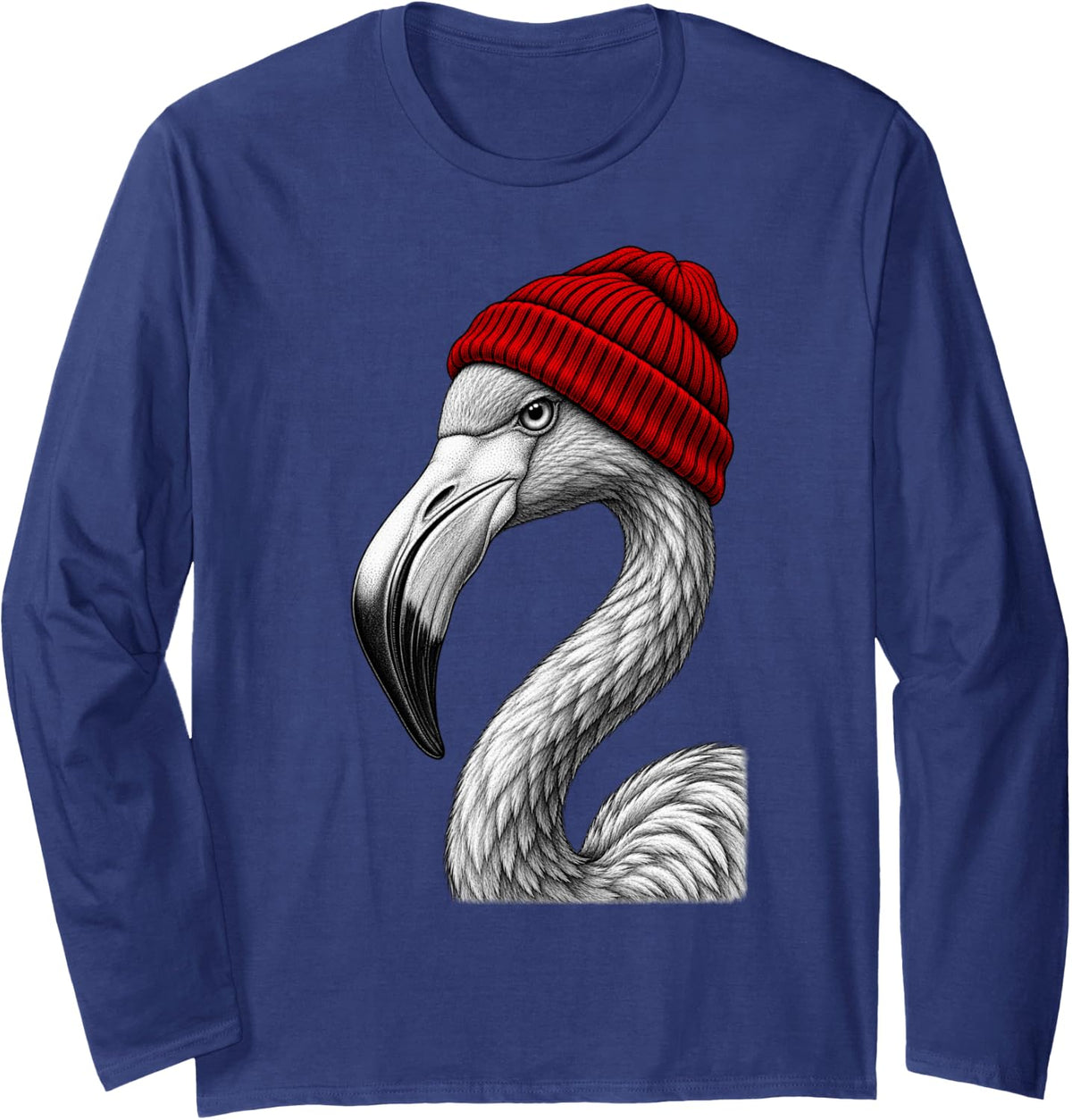 Flamingo Wearing Beanie Funny Chill Animal Lover Long Sleeve T-Shirt - Adult Unisex Navy Blue