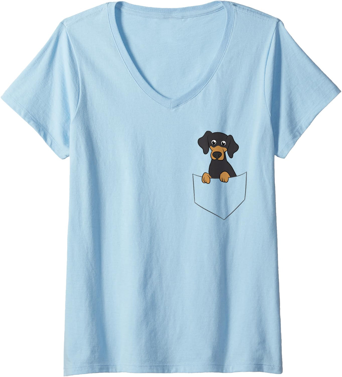 Womens Cute Dachshund in Pocket Dog in Pocket Funny Dachshund V-Neck T-Shirt - Baby Blue