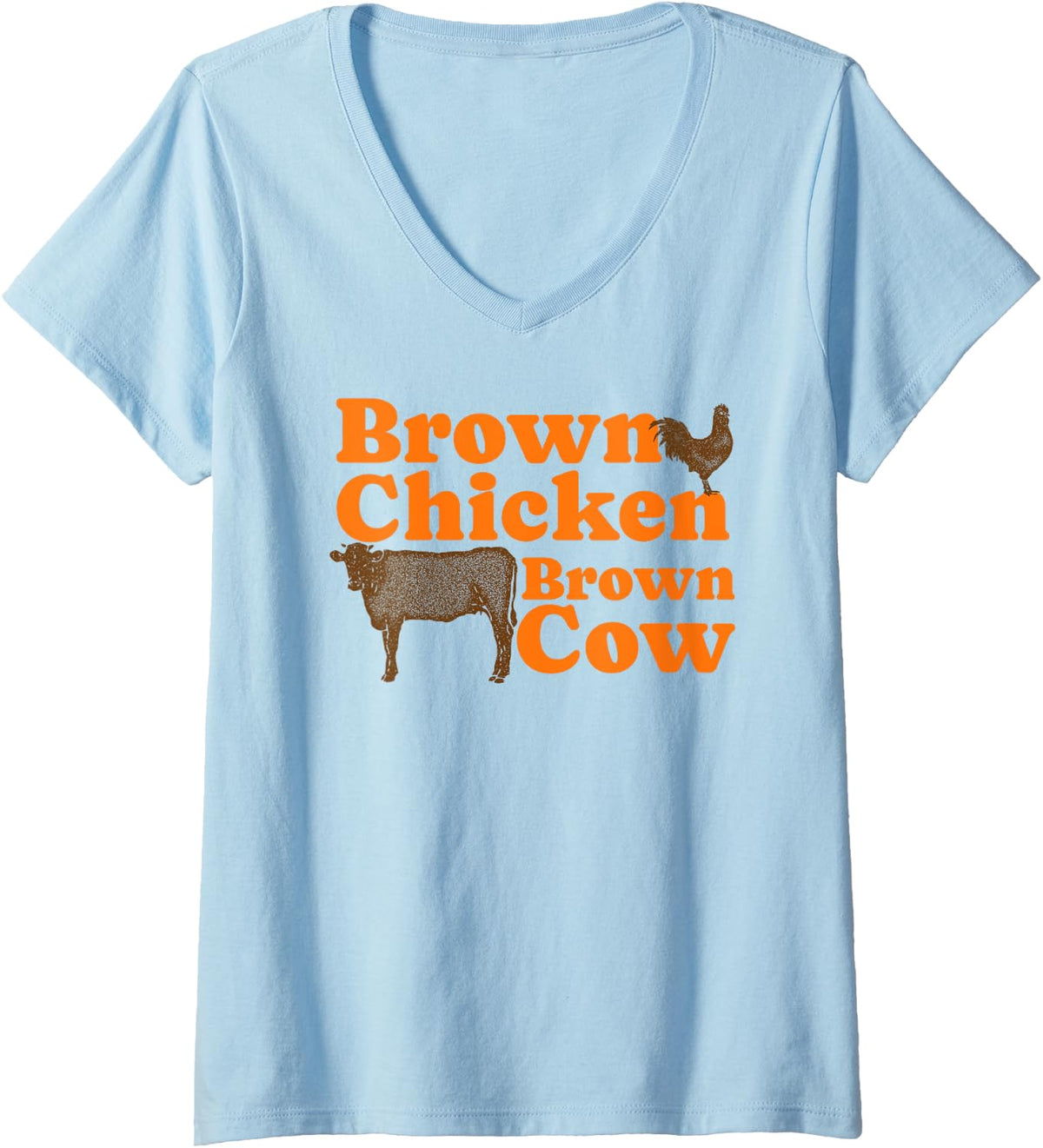 Womens Brown Chicken Brown Cow Retro Music Bow Chicka Wow Wow Joke V-Neck T-Shirt - Baby Blue