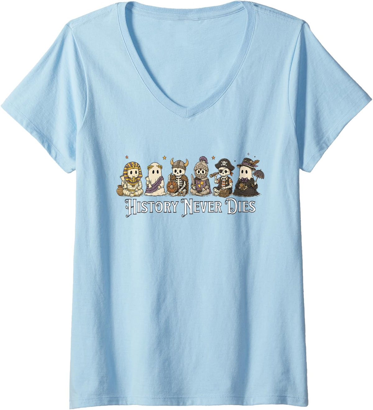 Women's History Teacher Halloween Victorian Ghost Social Studies V-Neck T-Shirt - Baby Blue
