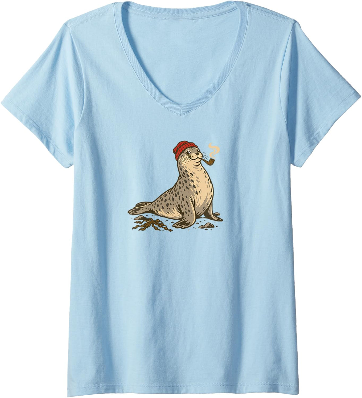 Women's New England Harbor Seal Longshoreman Sailor V-Neck T-Shirt - Baby Blue