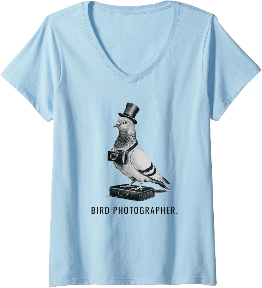 Women's Funny Bird Photographer Shooting Birds Photography Humor V-Neck T-Shirt - Baby Blue