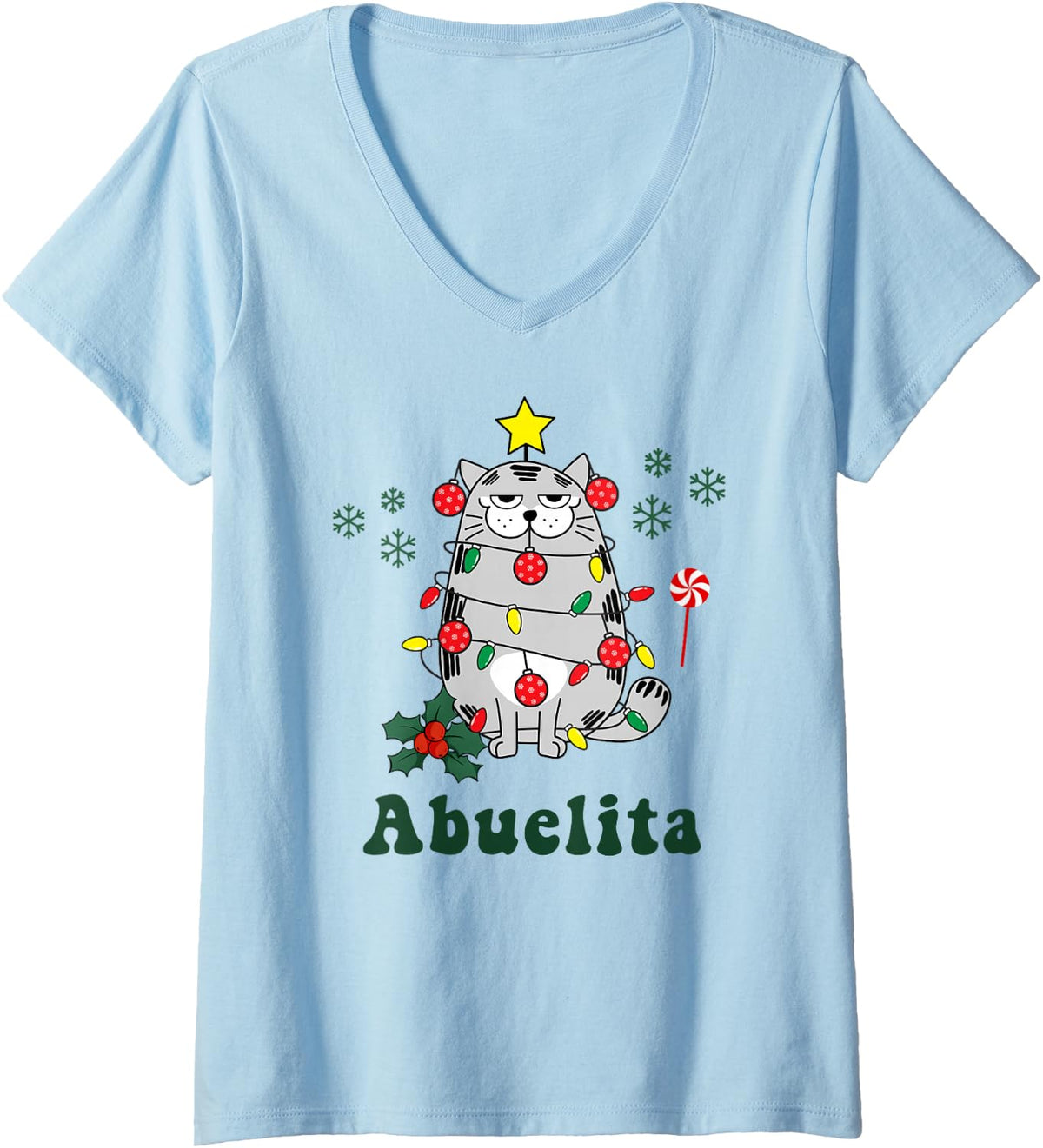Women's Abuelita Abuela Christmas Cute Cat Holidays Xmas Festive V-Neck T-Shirt - Baby Blue