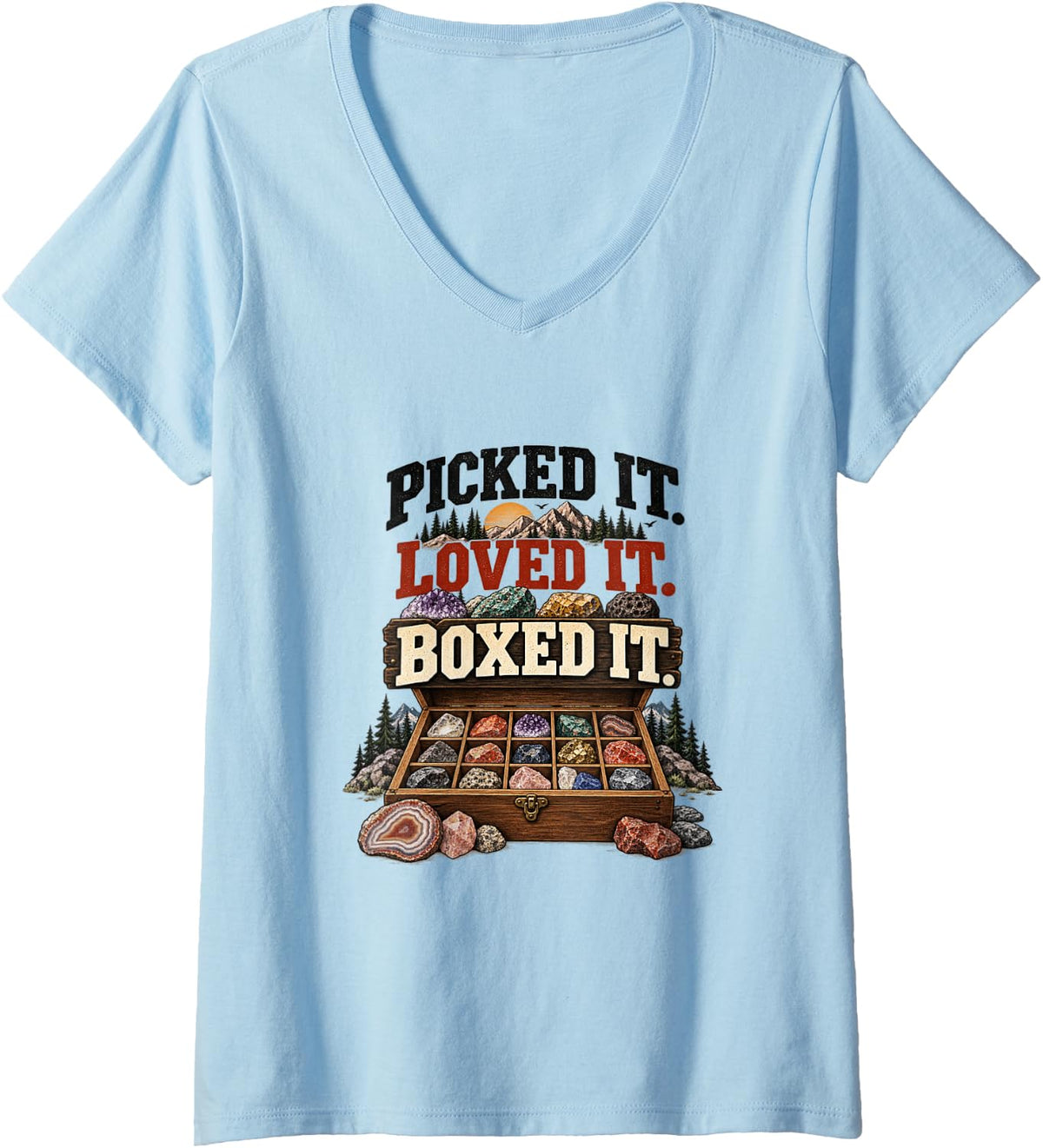 Women's Picked It Loved It Boxed It Rock Collector Rockhounding V-Neck T-Shirt - Baby Blue