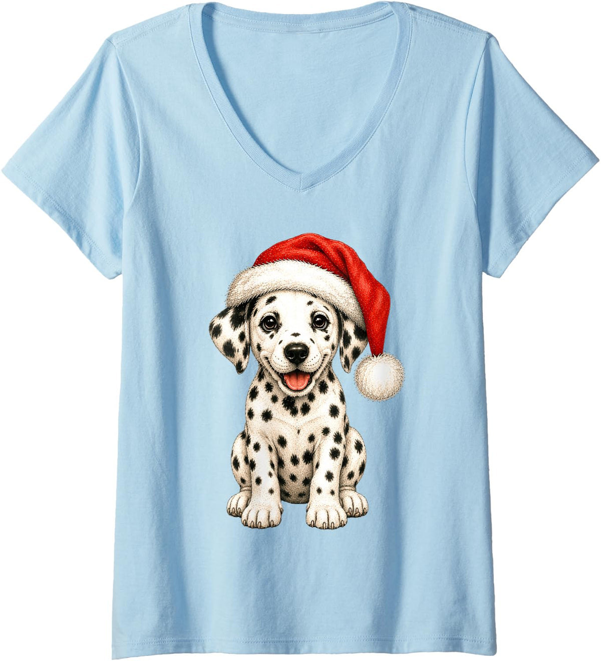 Women's Cute Dalmatian Puppy Santa Hat Christmas Dog V-Neck T-Shirt - Baby Blue