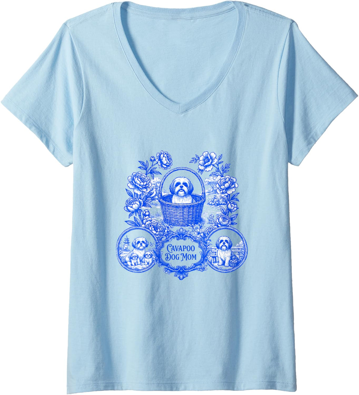 Women's Cavapoo Dog Mom Blue Toile De Jouy Chinoiserie V-Neck T-Shirt - Baby Blue