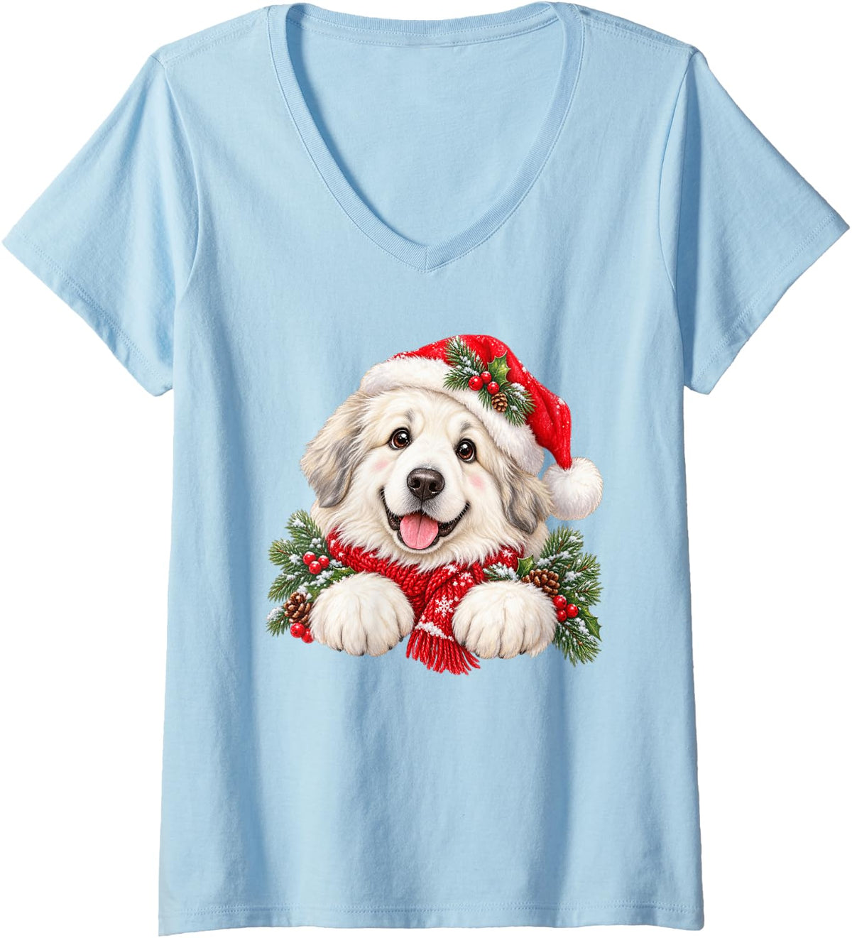 Women's Festive Great Pyrenees Puppy Christmas Dog V-Neck T-Shirt - Baby Blue