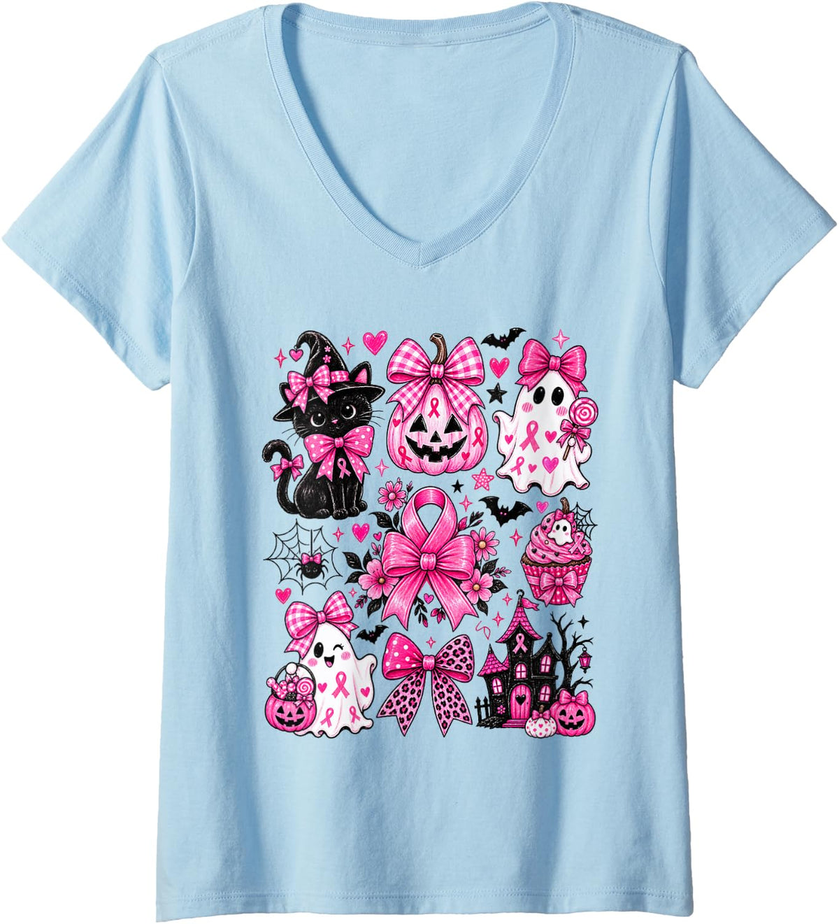 Women's Spooky Season Pink Ribbon Ghost Halloween Breast Cancer V-Neck T-Shirt - Baby Blue