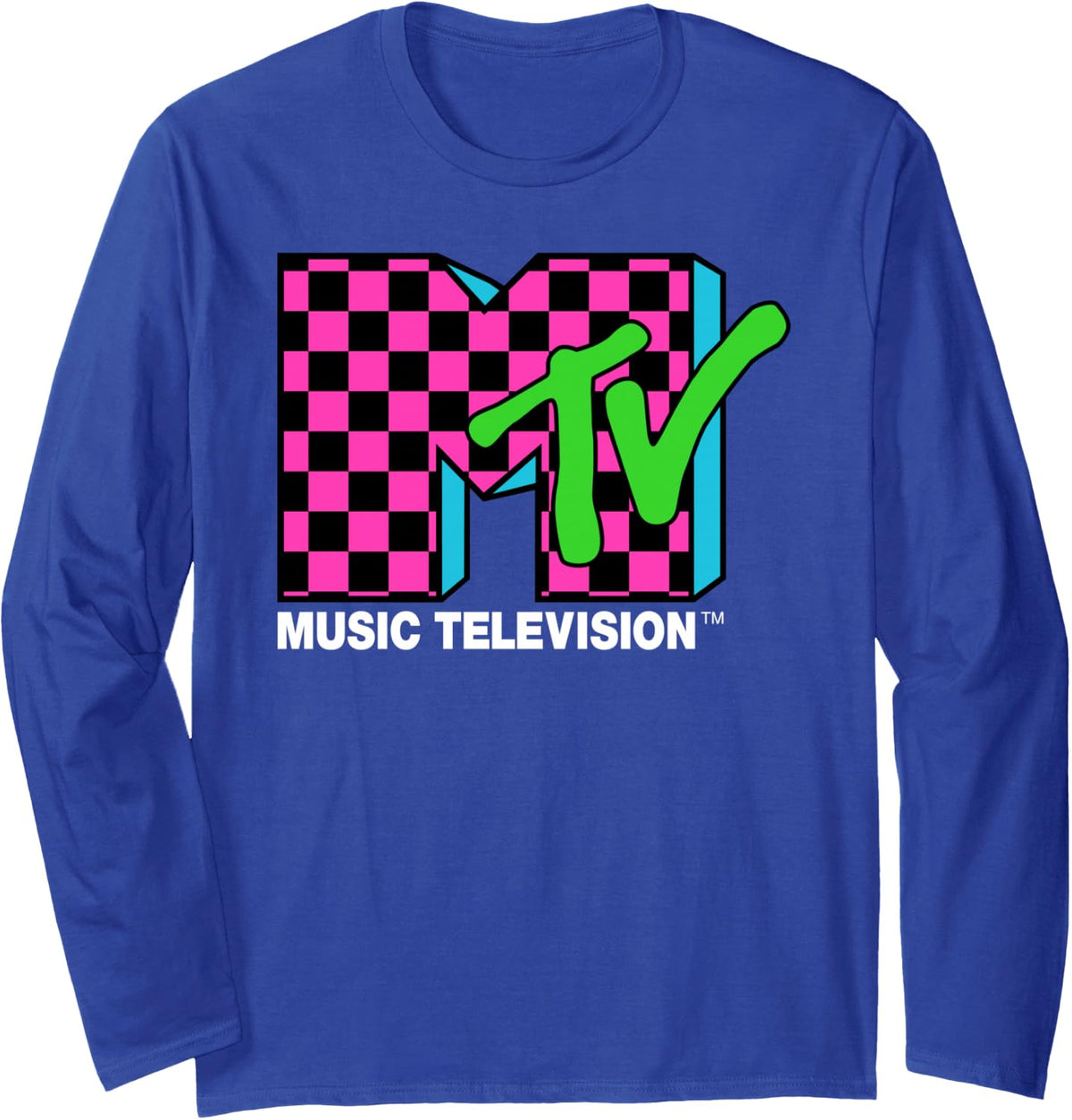 Classic MTV Logo Pink and Blue Checker Design Long Sleeve T-Shirt - Adult Unisex Royal Blue