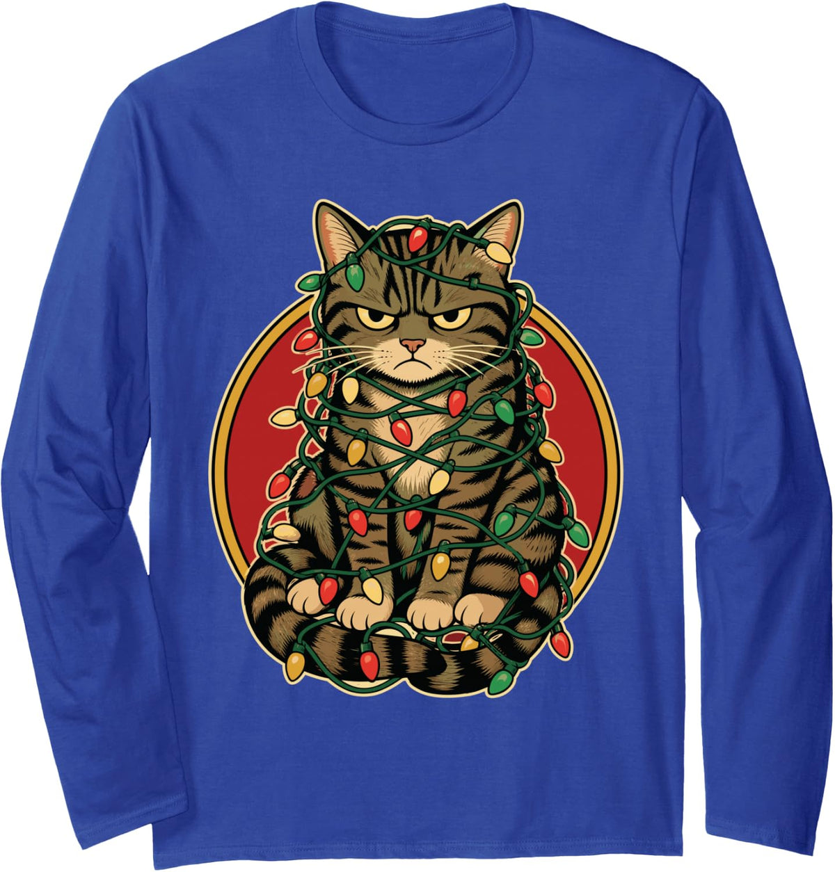Cat Christmas Lights Tangled Tabby Retro Long Sleeve T-Shirt - Adult Unisex Royal Blue