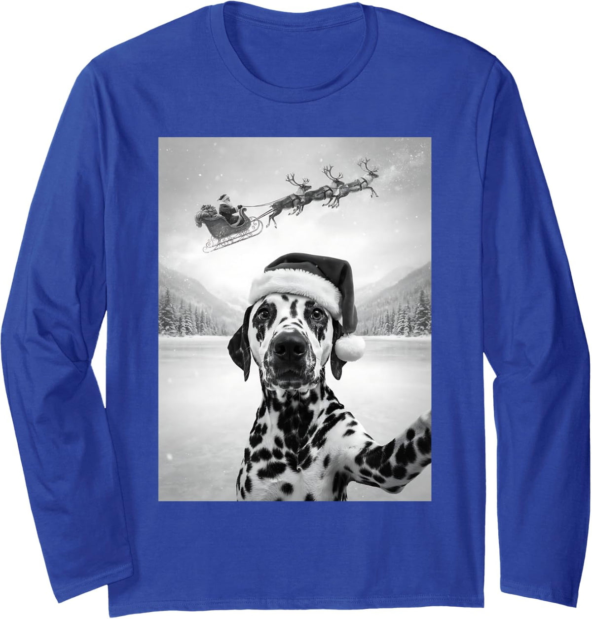 Funny Dalmatian Christmas Selfie Santa Sleigh Dog Owner Long Sleeve T-Shirt - Adult Unisex Royal Blue