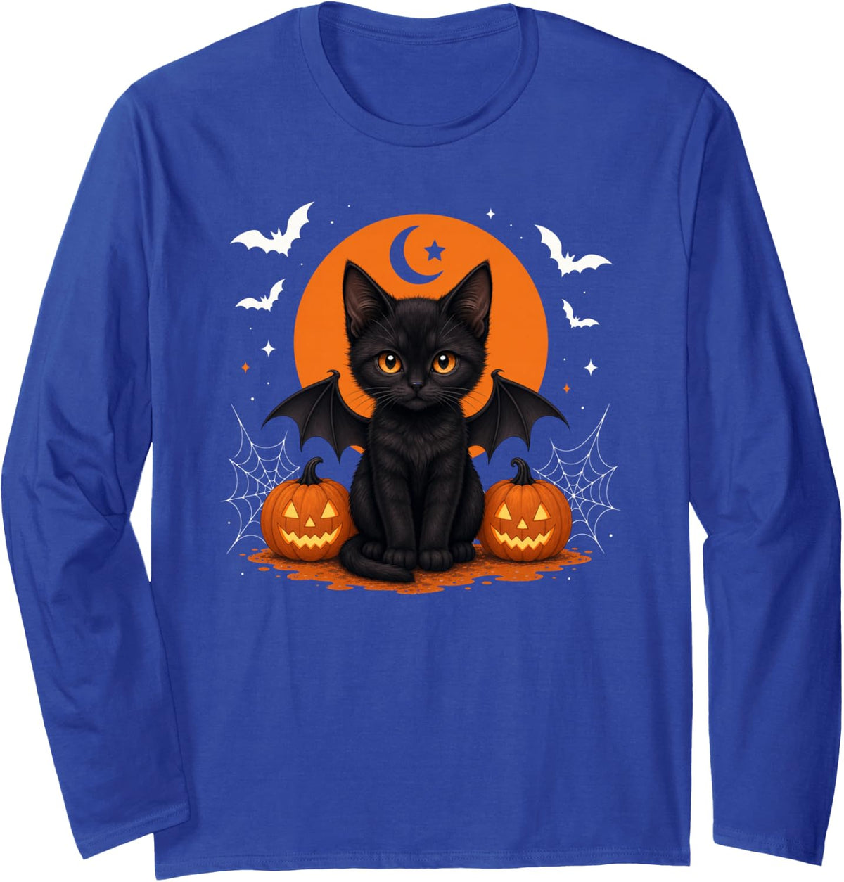 Spooky Season Black Cat Cute Halloween Jack O Lantern Kids Long Sleeve T-Shirt - Adult Unisex Royal Blue