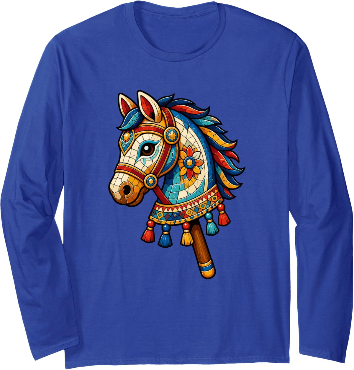 Decorated Horse Head Hobby Horse Equestrian Long Sleeve T-Shirt - Adult Unisex Royal Blue
