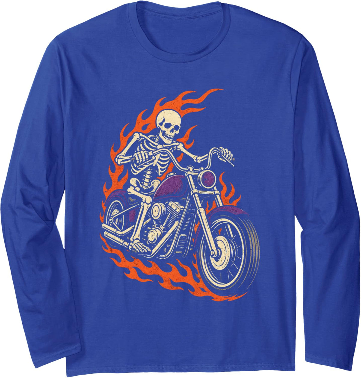 Halloween Biker Skeleton Motorcycle Chopper Flames Vintage Long Sleeve T-Shirt - Adult Unisex Royal Blue
