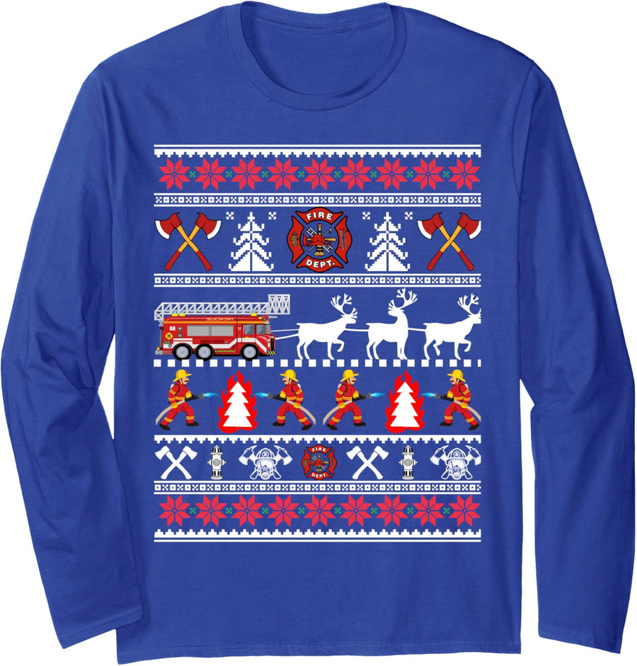 Firefighter Ugly Christmas Sweater, Fireman Fire Department Long Sleeve T-Shirt - Adult Unisex Royal Blue