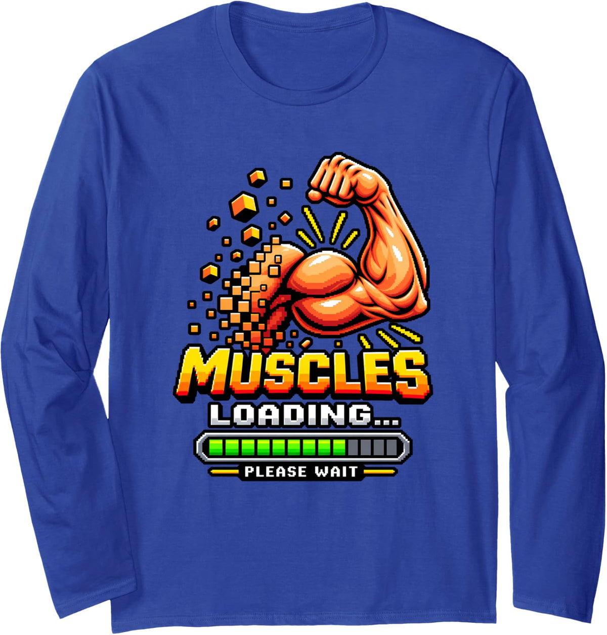 Muscles Loading Please Wait Funny Retro Pixel Gym Workout Long Sleeve T-Shirt - Adult Unisex Royal Blue