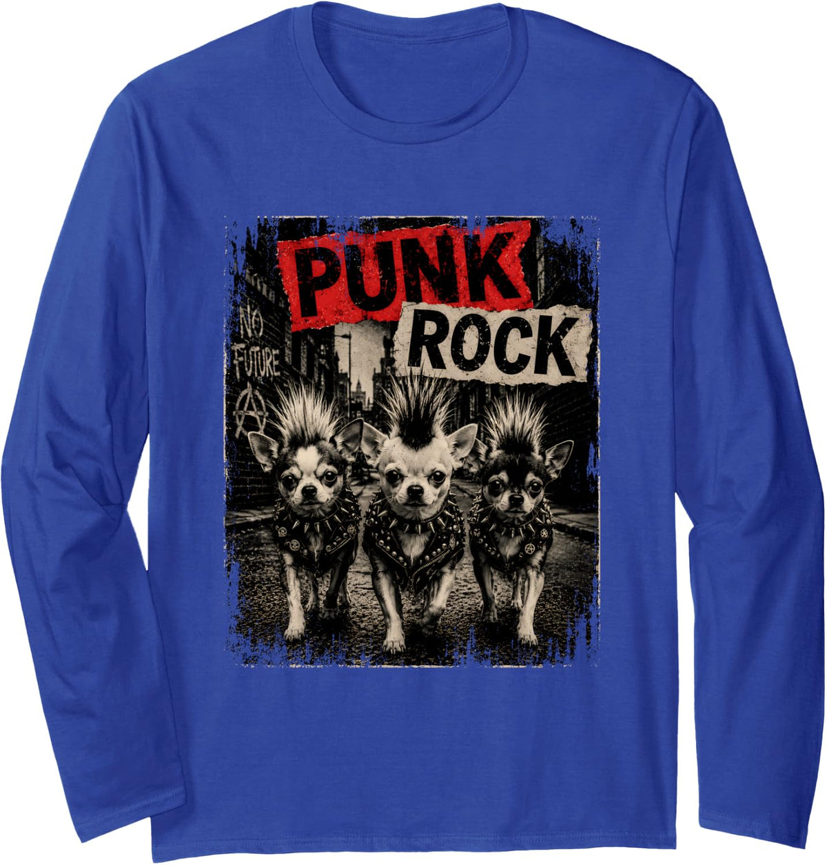 Punk Rock Chihuahua Street Style Dogs Mohawk Spiked Collar Long Sleeve T-Shirt - Adult Unisex Royal Blue