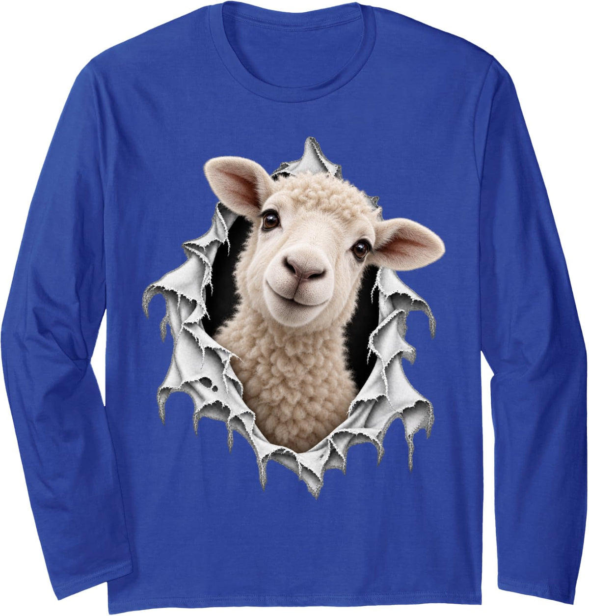 Cute Sheep Crawling Out of Ripped Design Long Sleeve T-Shirt - Adult Unisex Royal Blue