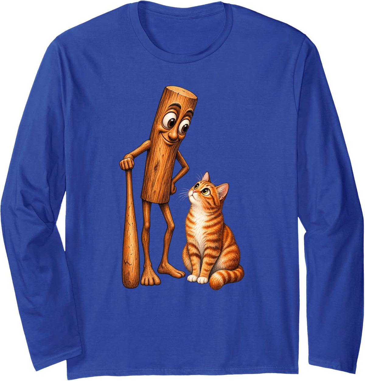 Funny Tabby Cat Cartoon Log Character Kids Long Sleeve T-Shirt - Adult Unisex Royal Blue