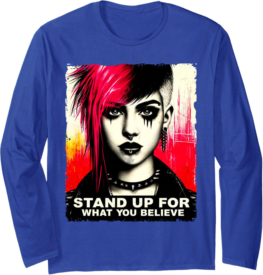Punk Girl Graffiti Grunge 90s Retro Distressed Vintage Long Sleeve T-Shirt - Adult Unisex Royal Blue