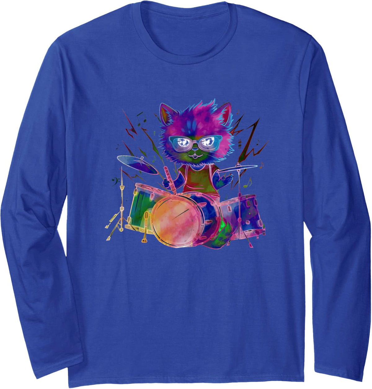 Colorful Cat Playing Drum Sunglasses Music Drummer Drumming Long Sleeve T-Shirt - Adult Unisex Royal Blue