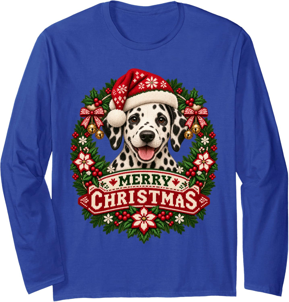 Merry Christmas Dalmatian Happy Santa Hat Snowflake Long Sleeve T-Shirt - Adult Unisex Royal Blue