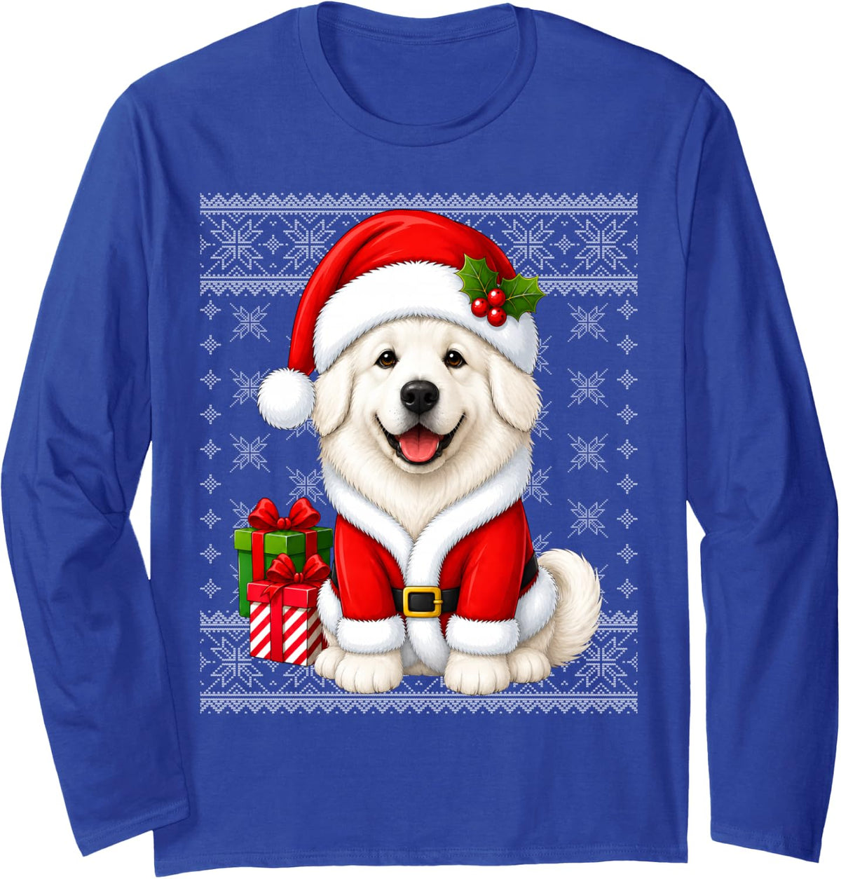Great Pyrenees Dog in Christmas Santa Costume Ugly Xmas Long Sleeve T-Shirt - Adult Unisex Royal Blue