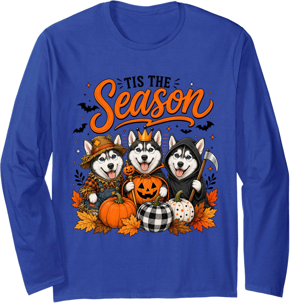 Tis The Season Halloween Siberian Husky Pumpkin Costume Long Sleeve T-Shirt - Adult Unisex Royal Blue