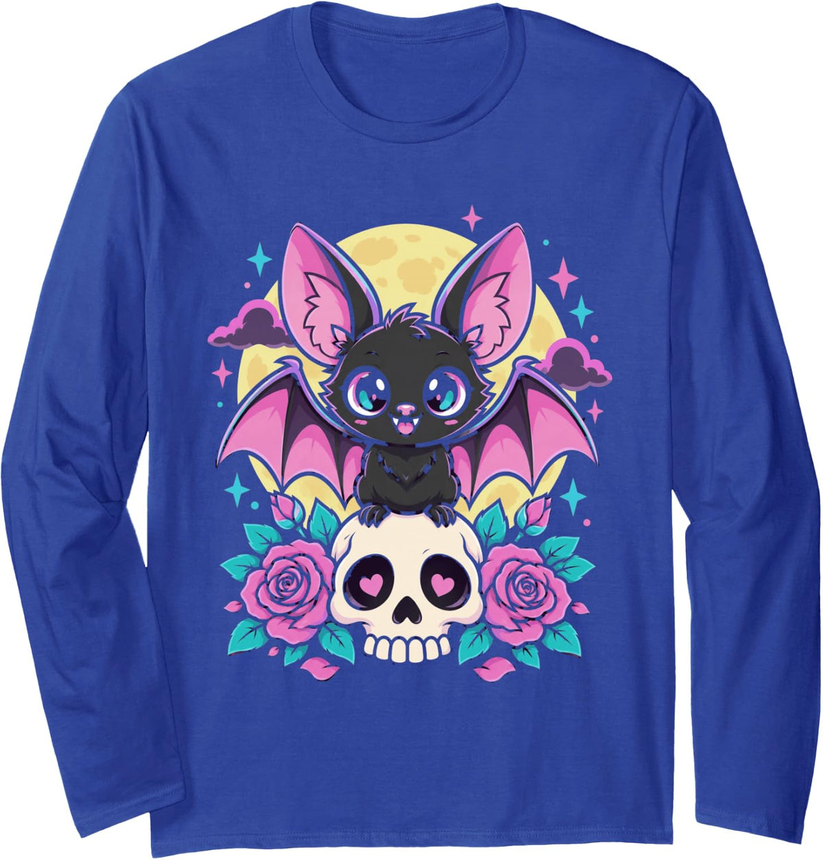 Pastel Goth Kawaii Cute Witch Bat Skull Aesthetic Long Sleeve T-Shirt - Adult Unisex Royal Blue