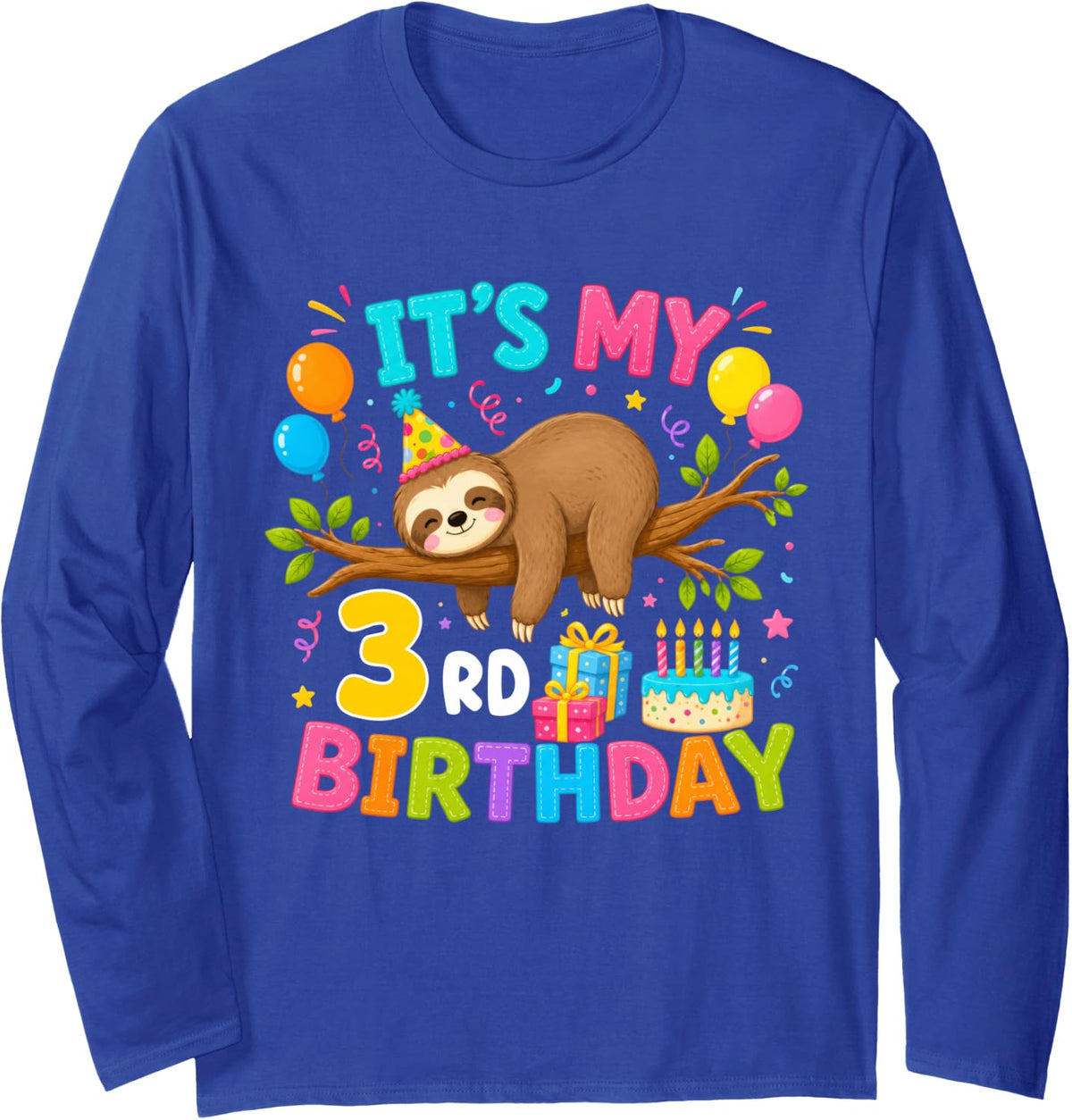 3rd Birthday Animals Theme Party 3 Year Old Sloth Lover Long Sleeve T-Shirt - Adult Unisex Royal Blue
