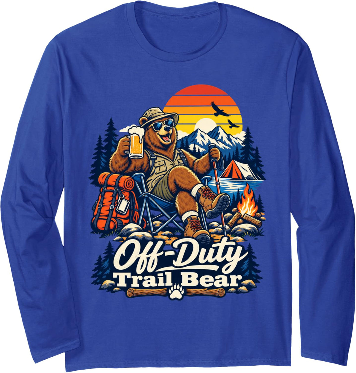 Off Duty Trail Bear Funny Hiking Outdoor Adventure Camper Long Sleeve T-Shirt - Adult Unisex Royal Blue