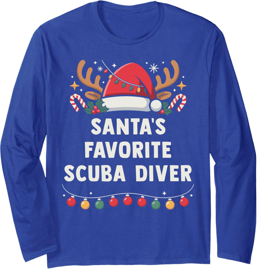 Santa's Favorite Scuba Diver Sport Lover Christmas Holiday Long Sleeve T-Shirt - Adult Unisex Royal Blue