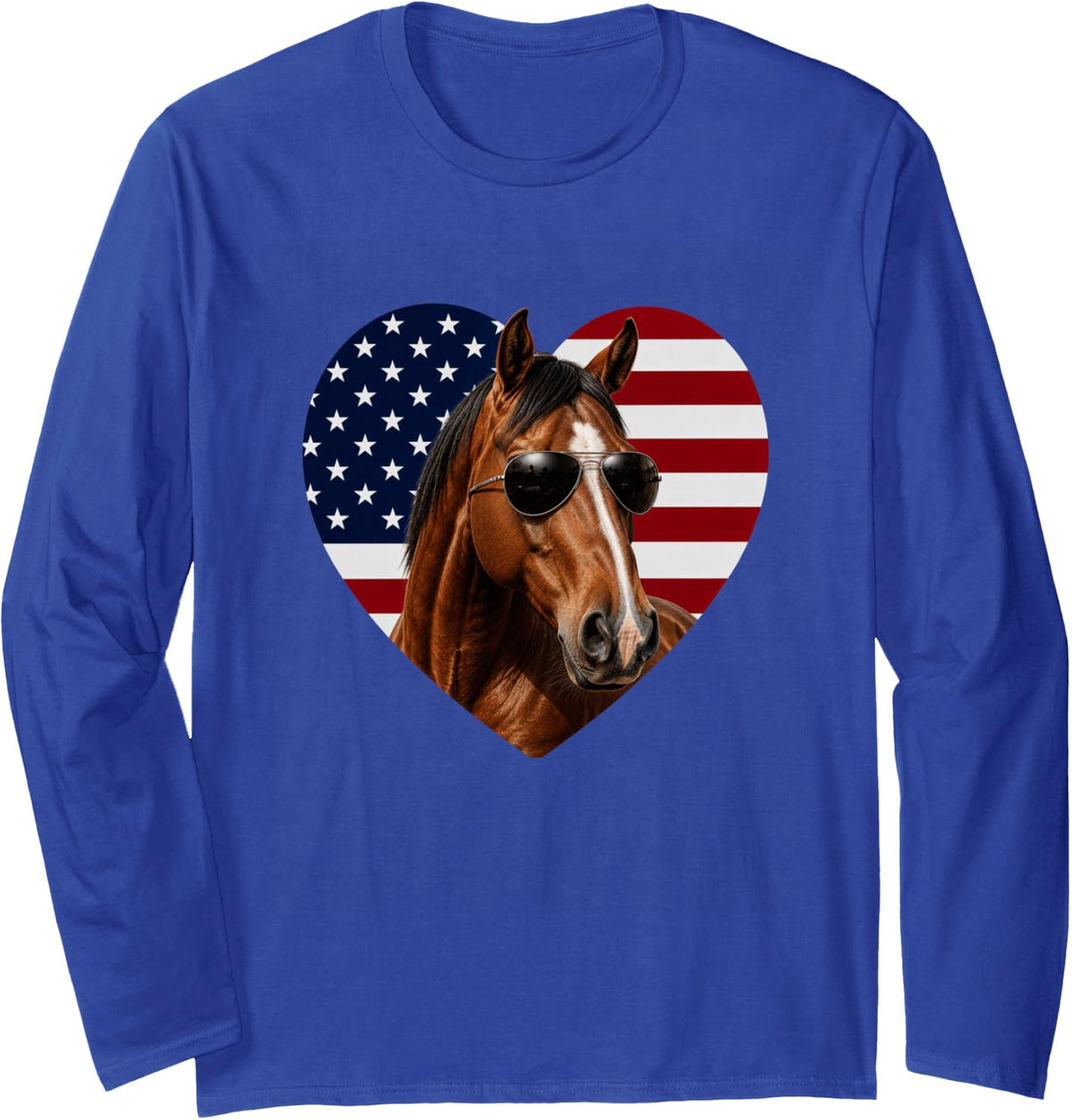 Chestnut Horse USA Flag Heart Patriotic Horse Long Sleeve T-Shirt - Adult Unisex Royal Blue