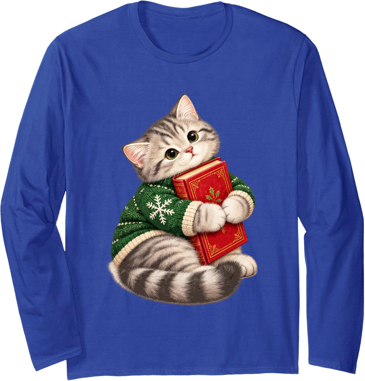 Cute Tabby Cat Hugging Christmas Book Bookworm Kitten Art Long Sleeve T-Shirt - Adult Unisex Royal Blue